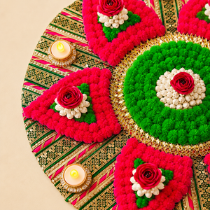 Décoration murale florale artisanale de 24 pouces, Rangoli, pour Diwali, avec pompons, fleurs, mandala et supports de bougies LED pour décorations festives - Product Image 3