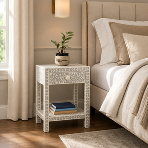 Floral Resin Bone Inlay Nightstand With 2 <b>Drawer</b> Luxury End <b>Table</b> Premium Quality <b>Side</b> <b>Table</b> Home Decor Accent Storage Cabinet - Product Image 6