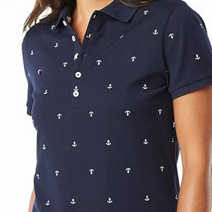 Polo à manches courtes bleu marine pour femme avec broderie d'ancre blanche, style preppy, coupe classique, tissu en coton Oxford - Product Image 2