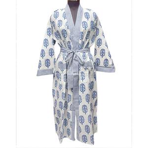 Bata Kimono Azul con Estampado, Cuello en V, Ropa de Dormir Informal, 100% Algodón Transpirable, Larga, con Cierre de Cinturón, Mangas Largas, Suave - Product Image 6