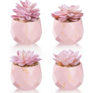 4 Vasi in Ceramica Rosa con Piante Succulente Artificiali, Graziose Piante Finte per Decorazione di Ufficio, Bagno, Cucina, Camera da Letto - Product Image 1