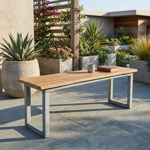 Banc de patio en teck massif à bords naturels, 2 places, avec pieds en métal, design traditionnel, durable, pour l'extérieur, hôtel, cour - Product Image 6