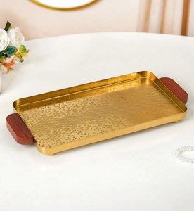 Plateau de service en métal de qualité supérieure, motif floral doré, avec poignées en bois, finition métallique polie, utilisation résidentielle, plateau de rangement - Product Image 3