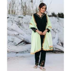 Conjunto de traje de terciopelo verde para mujer Laira, diseño de diseñador, ropa de fiesta, Kurta étnica, Palazzo, Dupatta, atuendo festivo de invierno para boda - Product Image 2