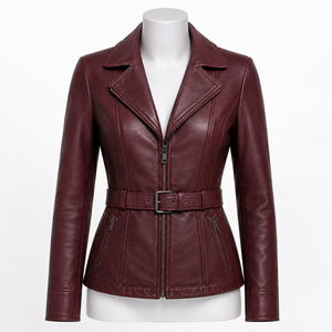 Chaqueta de Motocicleta de Cuero Genuino para Mujer, Color Sólido, Cierre de Cremallera, Cinturón Ajustable, Manga Larga, Estilo Motero, para Otoño - Product Image 6