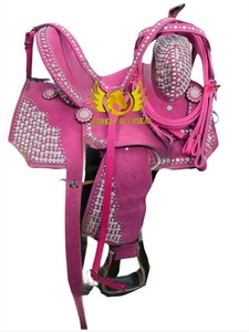 Silla de montar western personalizada de cuero de ante rosa intenso con adornos de cristal y pedrería, portátil, de montura alta y asiento suave. - Product Image 2