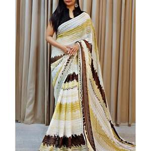 DISEÑADOR GEORGETTE SATIN PATTI Y TUBERÍA FRONTERA TRABAJO SAREE CON BLUSA DESCOSADA AMARILLO - Product Image 1