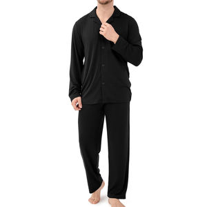 Men's <b>Black</b> Long Sleeve Stretchy Front Logo <b>Pajama</b> <b>Set</b> Solid Color Knitted Cotton Sleepwear Casual All Seasons - Product Image 5