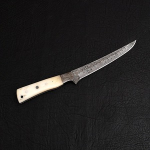 Cuchillo de caza de acero de Damasco con hoja de punta caída y mango de hueso, filo recto, 0.7mm de grosor, grado DIY - Product Image 3