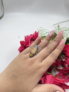 Natural Tiger Eye Big Stone <b>Adjustable</b> Brass 925 <b>Silver</b> Plated Trendy Handmade Vintage Gemstone <b>Ring</b> - Product Image 5