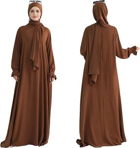 Women Brown <b>Abaya</b> Hijab Robe Long Sleeve Maxi Dress High Neck Solid Color Loose Fit Modest Daily Wear - Product Image 2