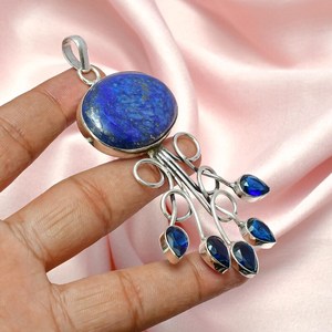 Collar con Colgante de Plata de Ley 925 con Lapislázuli, Zafiro Azul Creado en Laboratorio, Joyería de Lujo Hecha a Mano, Regalo para Mujer - Product Image 3