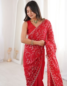 KV Women's Georgette <b>Red</b> Embellished Saree with Unstitched <b>Blouse</b> - Product Image 5