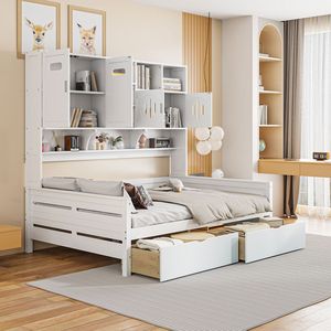 Letto a giorno in legno bianco all-in-one con 2 cassetti e ripiano, letto matrimoniale - Product Image 3