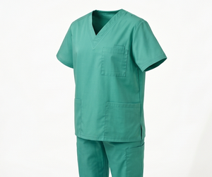 Unisex Green V-Neck <b>Scrub</b> <b>Top</b> Short Sleeve Hospital Uniform Woven Cotton Polyester Fabric - Product Image 1