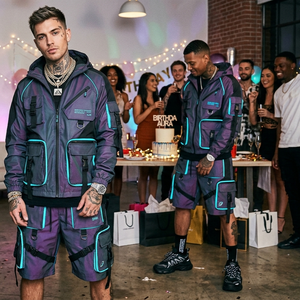 Unisex Streetwear 2 Piece <b>Shorts</b> <b>Set</b> Hooded Jacket With Pockets Color Blocked Purple Blue Sportswear All Seasons Regular Fit - Product Image 1
