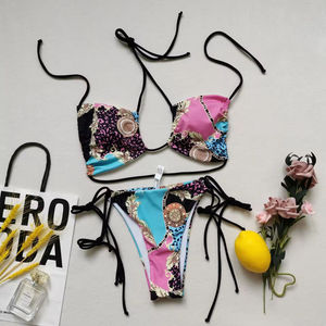 Women Solid Color <b>Bikini</b> Set Crop Top <b>Thong</b> Bottom With Logo Print Stretch Swimwear Two Piece Beachwear - Product Image 1