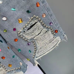 กางเกงยีนส์ขาสั้นทรงตรงสไตล์วินเทจสำหรับผู้ชายไซส์พลัส ประดับคริสตัลและเพชรเทียม ดีไซน์ฝังคริสตัล ระบายอากาศได้ดี เอวยางยืด - Product Image 6