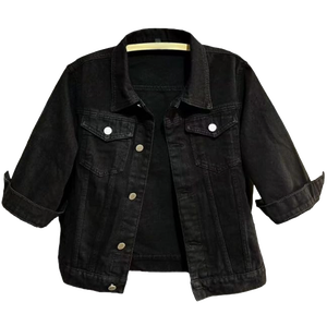 Women's 3/4 Sleeve <b>Cropped</b> <b>Denim</b> <b>Jacket</b> Light Wash Short Jean <b>Jacket</b> Trucker Coat Button-Up Casual Distressed Crop Jean <b>Jacket</b> - Product Image 1