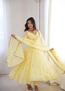 Ensemble de costume Anarkali en georgette jaune, kurta brodé, dupatta, tenue de fête et de mariage pour femmes, toutes saisons, séchage rapide - Product Image 2