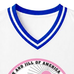 เสื้อบาสเก็ตบอลผู้หญิงปักลายตราสัญลักษณ์ไวท์แจ็คแอนด์จิล แบบไม่มีแขน คอวี แต่งขอบสีน้ำเงิน สำหรับวันแข่งขัน - Product Image 2