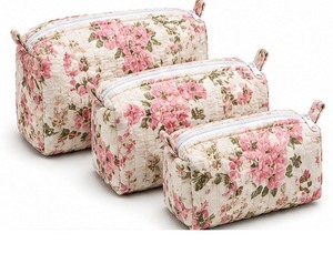 Pochette cosmétique matelassée en coton brodé à motif floral avec poignée, fermeture éclair, portable pour le voyage et l'usage quotidien - Product Image 1