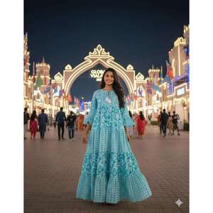 Robe maxi en coton durable à imprimé bloc pour femmes, robe ample de style bohème, col rond, robe décontractée - Product Image 2