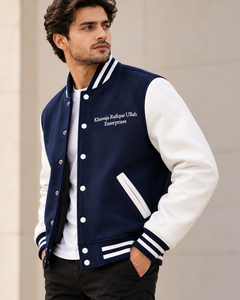 Men's <b>Navy</b> <b>Blue</b> Varsity <b>Jacket</b> White Sleeves Embroidered Logo Stand Regular Fit Winter <b>Fleece</b> Breathable Windproof Wholesale - Product Image 5