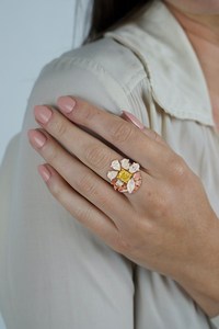 Flower Cluster Ring Lab Created Yellow <b>Cushion</b> Diamond Center White Pink Diamonds Alloy IGI Certified 18K Gold Plated Women's - Product Image 4