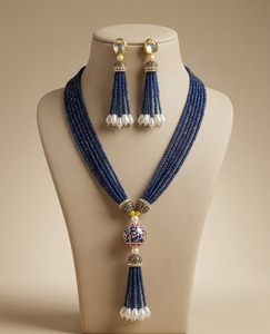 Luxury Royal <b>Blue</b> Brass Multi Layer Beaded Bohemian <b>Necklace</b> Set Tassel Pendant Matching Earrings Gold Plated Traditional Bridal - Product Image 3