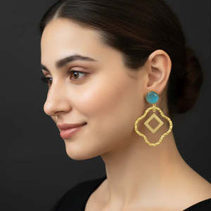 Cyan Gold Plated Vintage Chandelier Drop Earrings with Pearl and Princess Cut Number - Product Image 1