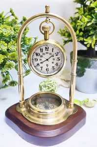 Antique Brass Hanging <b>Table</b> <b>Clock</b> with Wooden Compass Base Silent Vintage Desk <b>Clock</b> Decorative Brass Gift Item - Product Image 3
