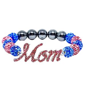 Bracelet extensible perlé noir et bleu roi avec breloque lettre « Maman » et accents de strass en cristal rose – Bijou fantaisie pour femme - Product Image 1