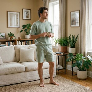 Ensemble de détente personnalisé pour homme en tricot gaufré d'été, T-shirt à manches courtes et short à cordon de serrage, 2 pièces, vert sauge pastel, microfleece respirant - Product Image 3