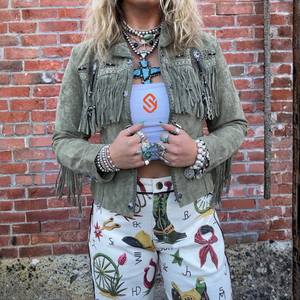 <b>Womens</b> Green <b>Suede</b> Fringe <b>Jacket</b> Genuine Cow <b>Suede</b> Western Boho Tassel Olive Cowgirl Vintage Ladies Fashion Outerwear Coat - Product Image 3
