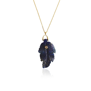 Semi-precious gemstone necklace natural lapis lazuli hand carved leaf pendant with cz accent gold plated chain necklace for her - Product Image 1