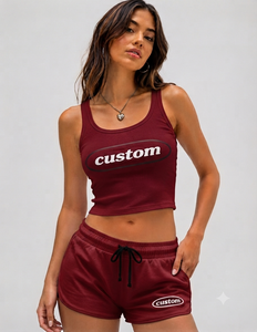 Custom Women's Two Piece Ribbed Striped Tank Top Shorts Set Maroon Sporty O-Neck Sleeveless <b>Knee</b> Length Spring Summer Beach Wear - Product Image 1