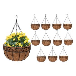 12pcs 10\" Black Painted Round Wrought Iron Coconut Palm Hanging Basket Premium Accessory for Outdoor Decor - Product Image 1