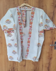 <b>White</b>-Colour Printed Kimono <b>Robe</b> Cotton Floral Hand Block Print Breathable Long Sleeve Nightwear Size Available - Product Image 5
