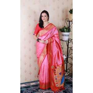 Sari de Seda Bandhani Paithani con Bordado Zari, Color Rosa Bebé, para Bodas - Product Image 6