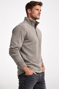 Sweat-shirt à col zippé pour homme, couleur taupe, en mélange de coton brossé doux, manches longues, col montant, décontracté, avec fermeture éclair sur le devant - Product Image 2