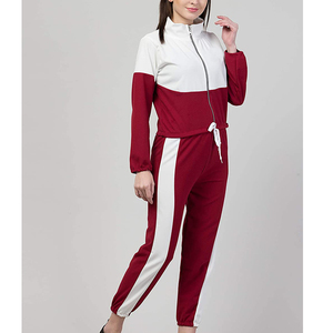 Ensemble de survêtement pour femmes, rouge et blanc, blocs de couleur, manches longues, pantalon de jogging sportif avec cordon de serrage, polyester respirant - Product Image 3