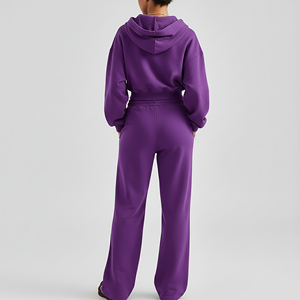 Conjunto de 2 piezas para mujer OEM de algodón 100% con lavado ácido, sudadera corta con cremallera de color liso y jogger acampanado, con encaje bordado personalizado - Product Image 2