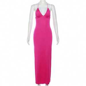 ชุดเดรสยาวทรงเข้ารูปสำหรับผู้หญิงขายส่ง เสื้อผ้าฤดูร้อนแบบเซ็กซี่ คอวีผูกหลัง ผ้าริบ แต่งชายระบายชายหาด - Product Image 2