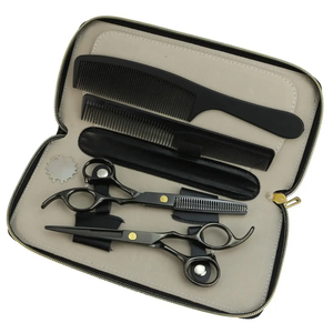 Kit de ciseaux à effiler de qualité supérieure couleur argent 6 pièces, magnifiques kits de barbier avec étui en cuir à fermeture éclair - Product Image 1