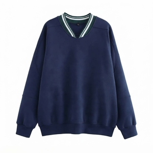 <b>Women</b> <b>V</b>-<b>Neck</b> <b>Sweatshirt</b> Solid Color Cotton Knitted Long Sleeve Casual Autumn Wear with Pockets Regular Fit - Product Image 1