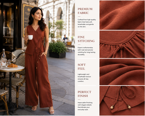 ชุดเซ็ตสีน้ำตาลสนิมสำหรับผู้หญิง - เสื้อแขนกุดผ้าลินินแบบพันตัวและกางเกงขายาวทรงหลวม ชุดสองชิ้นสำหรับฤดูร้อนระดับพรีเมียม เหมาะสำหรับใส่ไปเที่ยวพักผ่อน - Product Image 6