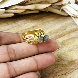 Anillo de Oro con Ágata Musgosa de Diseño Único Silver Eye, Joyería Boho de Latón para Mujer, Chapado en Oro de 18k, Vintage, con Dos Piedras, de Tercera Marca - Product Image 5