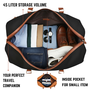 Sac de voyage pliable grande capacité en cuir véritable noir et toile, avec fermeture éclair en polyester, unisexe, pour week-end - Product Image 6