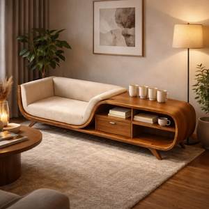 Multifunctional Solid Teak Wood Sofa with Integrated TV Cabinet and Storage <b>Shelves</b> Space Saving - Product Image 1